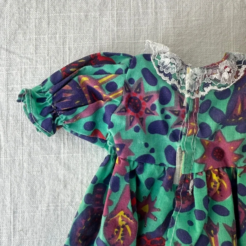 Vintage 1990s Handmade Doll Dress Teal Purple Novelty Print Lace Collar 7 Inch